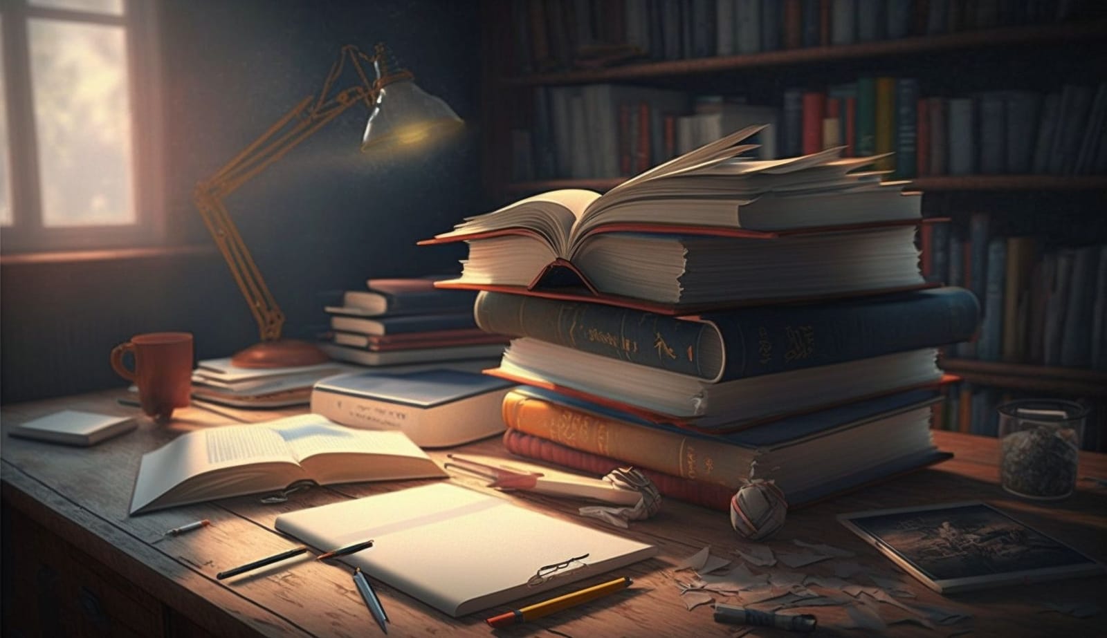 An AI-generated image of a desk scattered with books for the blog post titled How to Memorize The Quran